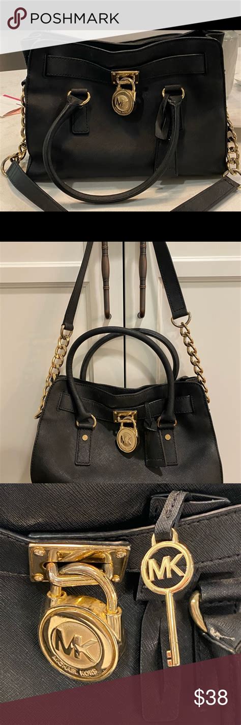 michael kors black with a gold lock|Michael Kors Black Leather Crossbody w/ Gold Lock & Key.